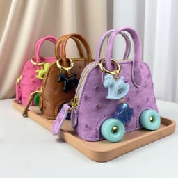Mini Wheeled Handbag Purse, Rocking Horse Pendant, Ostrich Pattern PU Leather Pouch for AirPods Coin Cable, Mini Tote Keychain