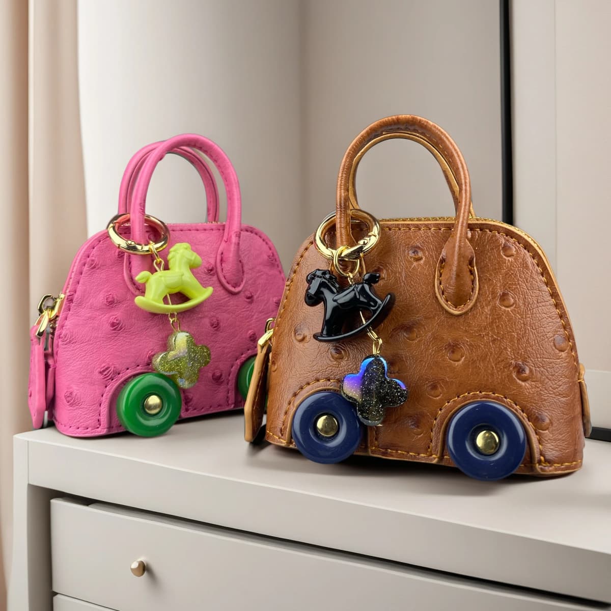Mini Wheeled Handbag Purse, Rocking Horse Pendant, Ostrich Pattern PU Leather Pouch for AirPods Coin Cable, Mini Tote Keychain