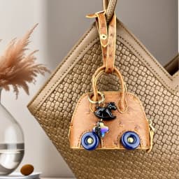 Mini Wheeled Handbag Purse, Rocking Horse Pendant, Ostrich Pattern PU Leather Pouch for AirPods Coin Cable, Mini Tote Keychain