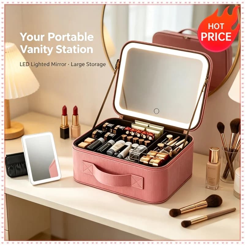 3 Color Train Case Mirror, White Portable Makeup Case Waterproof Organizer with Adjustable Dividers, Cosmetics Storage Case Gift