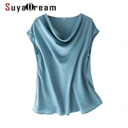 SuyaDream Women Silk Blouses Set 93%Silk 7%Spandex Solid Short Bat Sleeves Draped Collar Blouse Shirt 2022 Spring Summer Shirt