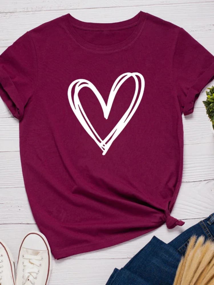 Line Heart Print Women T Shirt Short Sleeve O Neck Loose Women Tshirt Ladies Tee Shirt Tops Clothes Camisetas Mujer