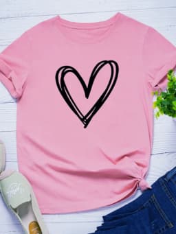 Line Heart Print Women T Shirt Short Sleeve O Neck Loose Women Tshirt Ladies Tee Shirt Tops Clothes Camisetas Mujer