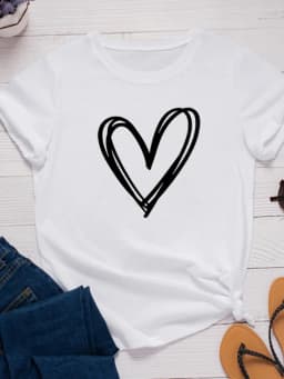 Line Heart Print Women T Shirt Short Sleeve O Neck Loose Women Tshirt Ladies Tee Shirt Tops Clothes Camisetas Mujer
