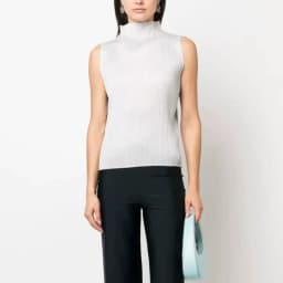 ALSEY Miyake Pleated Korean Style Sleeveless High Collar Tops Women's 2025 Summer New Simple Slim Solid Color T-shirt Clothing