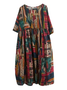 Short Sleeve Cotton Linen Vintage Print Summer Long Dresses For Women 2026 Casual Loose Holiday Ladies Dress Elegant Clothes