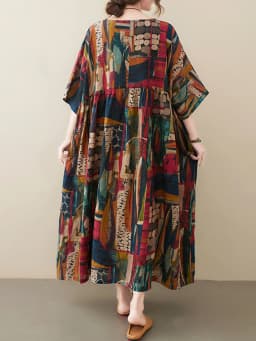 Short Sleeve Cotton Linen Vintage Print Summer Long Dresses For Women 2026 Casual Loose Holiday Ladies Dress Elegant Clothes