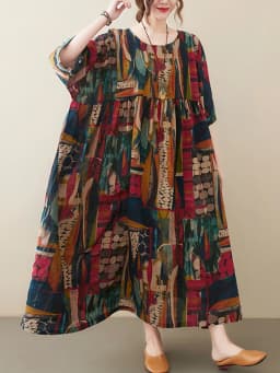 Short Sleeve Cotton Linen Vintage Print Summer Long Dresses For Women 2026 Casual Loose Holiday Ladies Dress Elegant Clothes