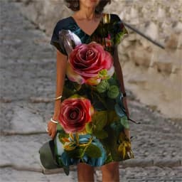 New Rose FloralGreen Leaves Plant Flowers 3D Print Women Dress 2023 Oversized Summer Vintage Short Sleeve V-Neck A-Line Dresses