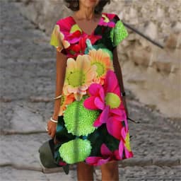 New Rose FloralGreen Leaves Plant Flowers 3D Print Women Dress 2023 Oversized Summer Vintage Short Sleeve V-Neck A-Line Dresses