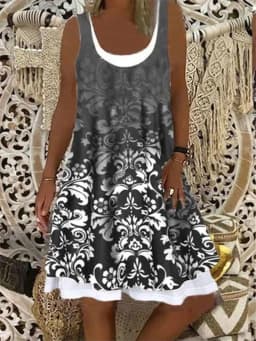 Women Summer Dress Large Size Sleeveless Print Loose Lady Casual Round Neck Thin Blended Polyester Clothing