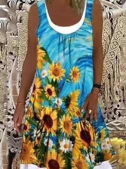 Women Summer Dress Large Size Sleeveless Print Loose Lady Casual Round Neck Thin Blended Polyester Clothing