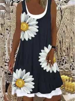 Women Summer Dress Large Size Sleeveless Print Loose Lady Casual Round Neck Thin Blended Polyester Clothing