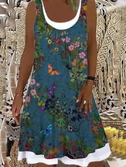 Women Summer Dress Large Size Sleeveless Print Loose Lady Casual Round Neck Thin Blended Polyester Clothing