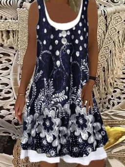 Women Summer Dress Large Size Sleeveless Print Loose Lady Casual Round Neck Thin Blended Polyester Clothing