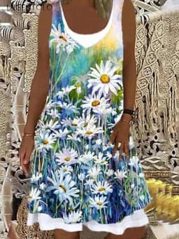 Women Summer Dress Large Size Sleeveless Print Loose Lady Casual Round Neck Thin Blended Polyester Clothing