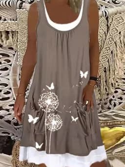 Women Summer Dress Large Size Sleeveless Print Loose Lady Casual Round Neck Thin Blended Polyester Clothing