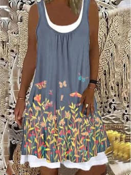 Women Summer Dress Large Size Sleeveless Print Loose Lady Casual Round Neck Thin Blended Polyester Clothing