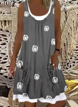 Women Summer Dress Large Size Sleeveless Print Loose Lady Casual Round Neck Thin Blended Polyester Clothing