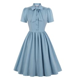 2025 Blue Pleated Dress Vintage Style Bow Tie Neck Button Up Elegant Women Summer Belted Pinup 60s 50s Rockabilly Dresses SD0081