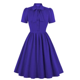 2025 Blue Pleated Dress Vintage Style Bow Tie Neck Button Up Elegant Women Summer Belted Pinup 60s 50s Rockabilly Dresses SD0081