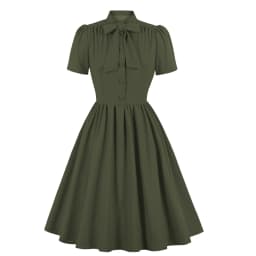 2025 Blue Pleated Dress Vintage Style Bow Tie Neck Button Up Elegant Women Summer Belted Pinup 60s 50s Rockabilly Dresses SD0081