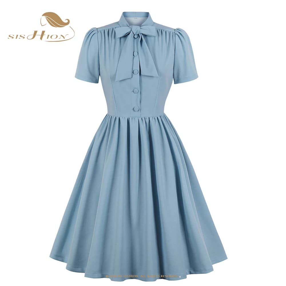 2025 Blue Pleated Dress Vintage Style Bow Tie Neck Button Up Elegant Women Summer Belted Pinup 60s 50s Rockabilly Dresses SD0081