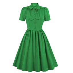 2025 Blue Pleated Dress Vintage Style Bow Tie Neck Button Up Elegant Women Summer Belted Pinup 60s 50s Rockabilly Dresses SD0081