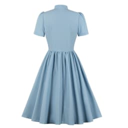 2025 Blue Pleated Dress Vintage Style Bow Tie Neck Button Up Elegant Women Summer Belted Pinup 60s 50s Rockabilly Dresses SD0081