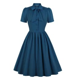 2025 Blue Pleated Dress Vintage Style Bow Tie Neck Button Up Elegant Women Summer Belted Pinup 60s 50s Rockabilly Dresses SD0081