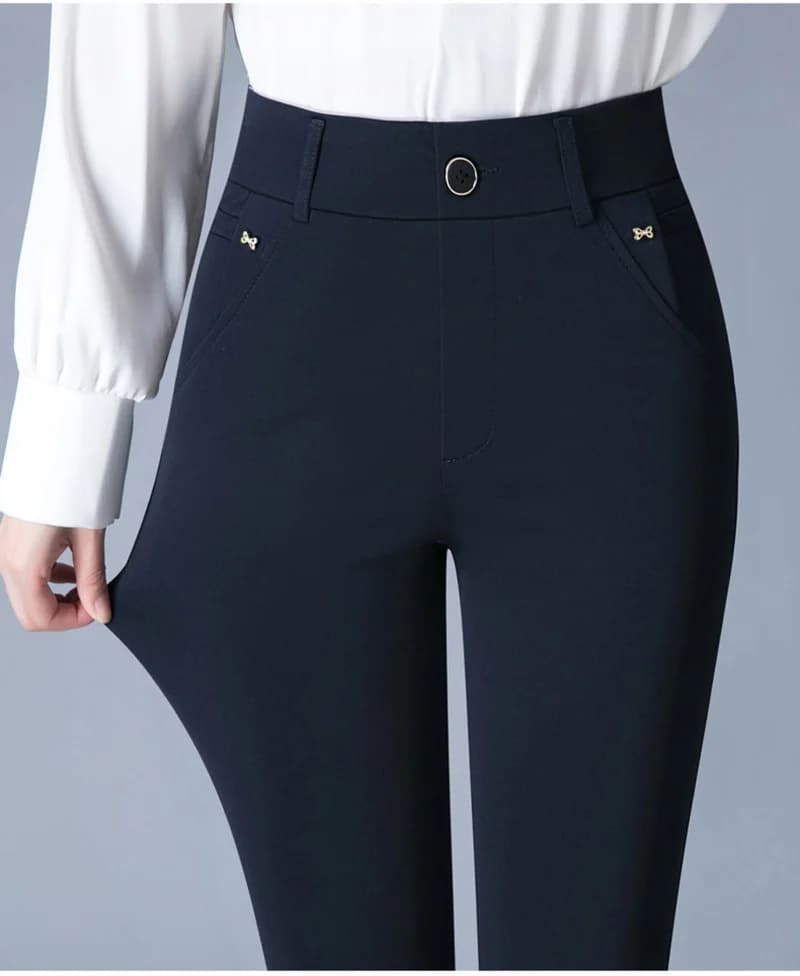 7XL Spring Autumn Casual Button Elastic Mid Waist Black&Navy Blue Straight Trousers Office Lady Quick Drying Suit Pants Female