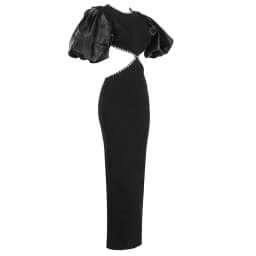 2025 New Summer Dress Black Puff Sleeve Elegant Beading Women Dress Long Bandage Party Club Maxi Dress