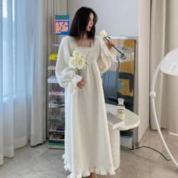 Pajama Long Dress Women's 2023 Autumn/Winter New Korean Version Loose and Warm Flannel Home Lazy Dress ins Commuter Solid Square