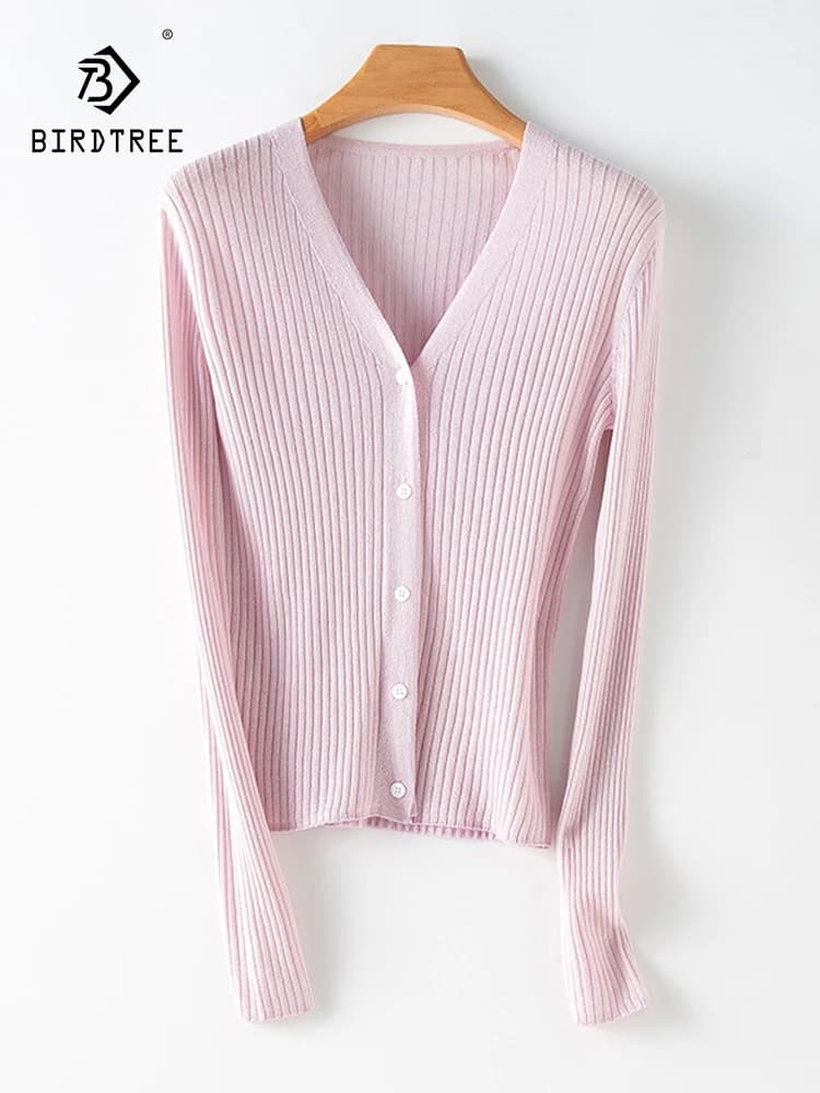 Birdtree 10%Wool 5% Natural Silk Womens' Cardigans Rib Slim Fitting Singe Breasted Solid Chic 2023 Autumn Winter Top T38145QC