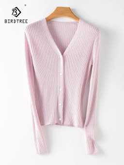 Birdtree 10%Wool 5% Natural Silk Womens' Cardigans Rib Slim Fitting Singe Breasted Solid Chic 2023 Autumn Winter Top T38145QC