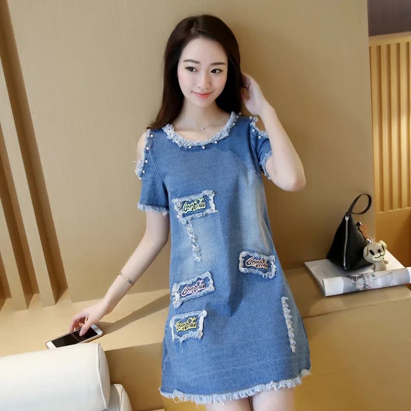 Short sleeve Denim Dress Female 2026 Summer New Korean Strapless Loose Large size 5XL Short A-line jeans Dresses Casual Clothing