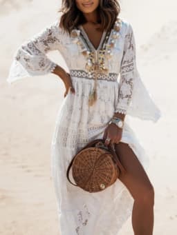 Elegant Flare Sleeve Femme Solid Maxi Dress Casual Women V Neck Patchwork Loose Dress 2022 Summer Lace Party Long Dress Vestidos