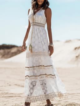 Elegant Flare Sleeve Femme Solid Maxi Dress Casual Women V Neck Patchwork Loose Dress 2022 Summer Lace Party Long Dress Vestidos