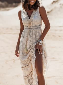 Elegant Flare Sleeve Femme Solid Maxi Dress Casual Women V Neck Patchwork Loose Dress 2022 Summer Lace Party Long Dress Vestidos