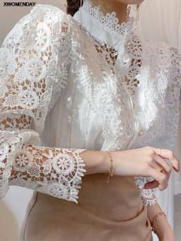 Women Chiffon Button Turtleneck Shirt Chic Elegant Floral Lace Fluffy Long Sleeve Top Fashion Hollow Oversize White Blouse 2025