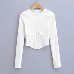 Vintage y2k streetwear white crop tops women long sleeve tees sexy o neck cropped t shirt bright line black tops cute ribbed