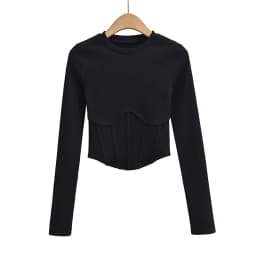Vintage y2k streetwear white crop tops women long sleeve tees sexy o neck cropped t shirt bright line black tops cute ribbed