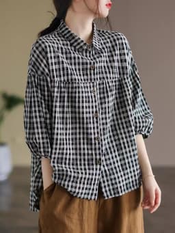 Women Summer Casual Shirts New Arrival 2023 Vintage Style Plaid Pattern Half Sleeve Loose Female Cotton Linen Tops Shirt B2441