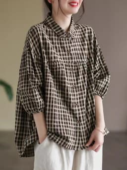 Women Summer Casual Shirts New Arrival 2023 Vintage Style Plaid Pattern Half Sleeve Loose Female Cotton Linen Tops Shirt B2441
