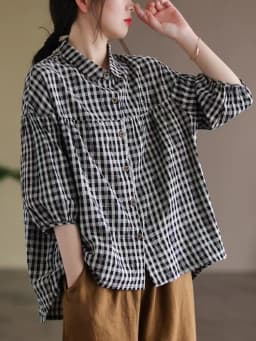 Women Summer Casual Shirts New Arrival 2023 Vintage Style Plaid Pattern Half Sleeve Loose Female Cotton Linen Tops Shirt B2441