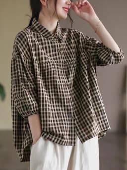 Women Summer Casual Shirts New Arrival 2023 Vintage Style Plaid Pattern Half Sleeve Loose Female Cotton Linen Tops Shirt B2441