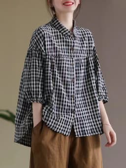 Women Summer Casual Shirts New Arrival 2023 Vintage Style Plaid Pattern Half Sleeve Loose Female Cotton Linen Tops Shirt B2441