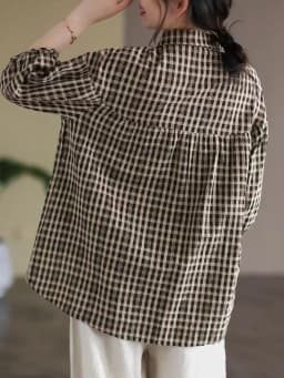 Women Summer Casual Shirts New Arrival 2023 Vintage Style Plaid Pattern Half Sleeve Loose Female Cotton Linen Tops Shirt B2441