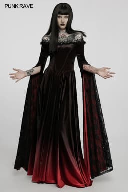 PUNK RAVE Women's Gothic Gradient Velvet Nobility Long Gown Off Shoulder Dreamy Distinctive Split Sleeves Party Club Dress