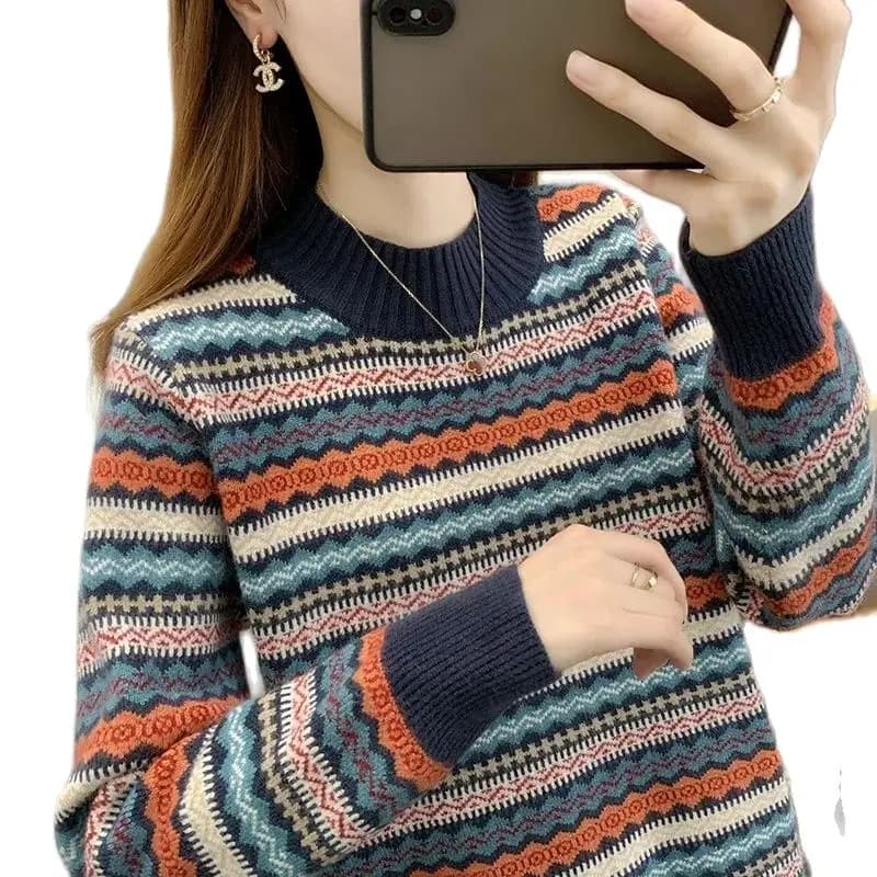 Half high collar women's sweater Autumn winter 2025 new loose pullover sweaters warm thicken stripe vintage ethnic style knitwea